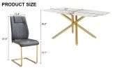 Table and chair set, large modern minimalist rectangular dining table, 0.39-inch imitation marble tabletop and golden metal legs, soft leather seats.