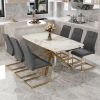 Table and chair set, large modern minimalist rectangular dining table, 0.39-inch imitation marble tabletop and golden metal legs, soft leather seats.