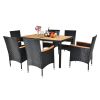 7 Piece Patio Dining Set, Outdoor Patio Conversation Set with Acacia Wood Table Top and Rattan Chairs and Soft Seat Cushions for Deck Backyard Garden,