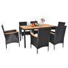 7 Piece Patio Dining Set, Outdoor Patio Conversation Set with Acacia Wood Table Top and Rattan Chairs and Soft Seat Cushions for Deck Backyard Garden,