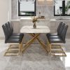 Table and chair set, large modern minimalist rectangular dining table, 0.39-inch imitation marble tabletop and golden metal legs, soft leather seats.