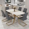 Table and chair set, large modern minimalist rectangular dining table, 0.39-inch imitation marble tabletop and golden metal legs, soft leather seats.