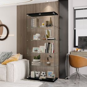 Glass Display Cabinet with 5 Shelves Double Door, Curio Cabinets for Living Room, Bedroom, Office, Black Floor Standing Glass Bookshelf, Quick Install