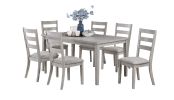 Classic Simple Rustic Gray Finish 7pc Dining Set Kitchen Dinette Wooden Top Table and Chairs Cushions Seats Ladder Back Chair Dining Room