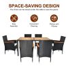 7 Piece Patio Dining Set, Outdoor Patio Conversation Set with Acacia Wood Table Top and Rattan Chairs and Soft Seat Cushions for Deck Backyard Garden,