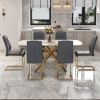 Table and chair set, large modern minimalist rectangular dining table, 0.39-inch imitation marble tabletop and golden metal legs, soft leather seats.