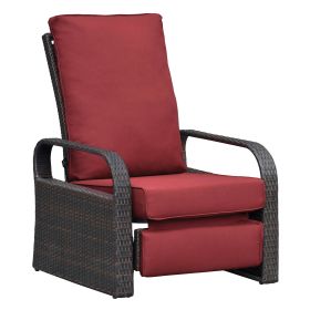 Outdoor Recliner Chair;  Automatic Adjustable Wicker Lounge Recliner Chair with 5.12'' Thicken Cushion (Color: Red, Material: Brown Wicker)