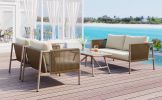 4-Piece Rope Sofa Set with Thick Cushions and Toughened Glass Table, All-Weather Patio Furniture Set For 4 Person With Loveseat